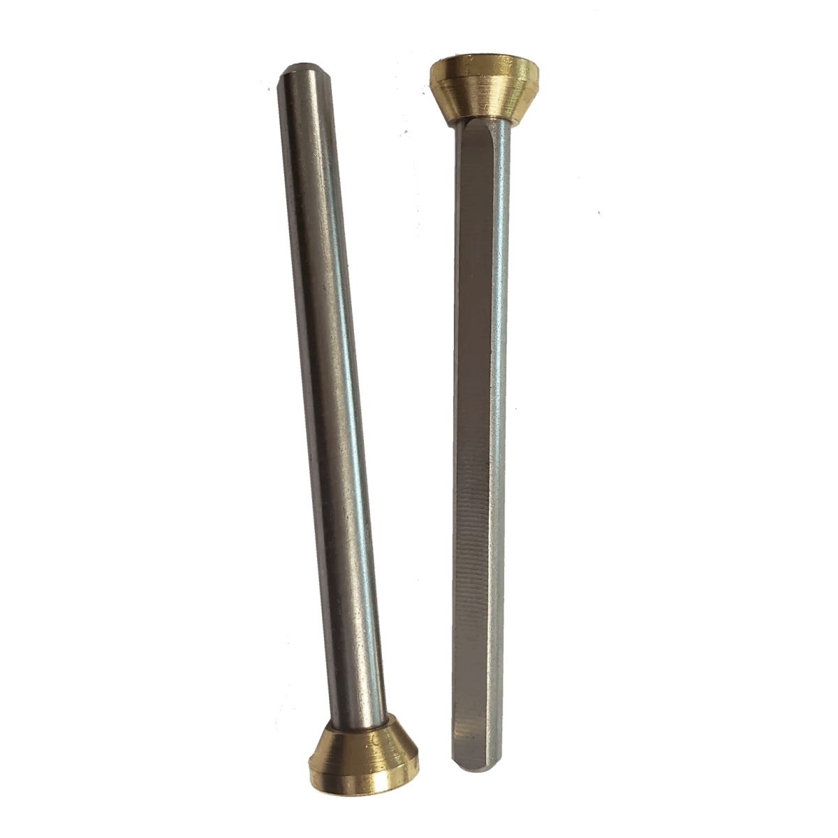 Two IWT Support Leg 4 - 8-EP001002 units with hexagonal shafts and gold-colored, cone-shaped ends are placed side by side on a plain background.