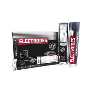 Lincoln CHROMET 1X SMAW Stick Welding Rods, 12lb cans, in Lincoln Electric black, white, red packaging—boxes and cylinders.