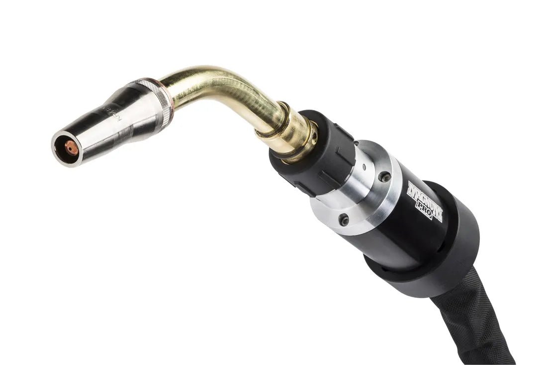 Lincoln K3593-20W WC TORCH KR6R1820HWW MIG welding torch tool with brass nozzle, silver collar, black handle on white background.