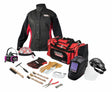 Lincoln Women's Advanced Welding Gear READY PAK K3699-W-XS with helmet, gloves, tools, safety accessories & red/black bag.