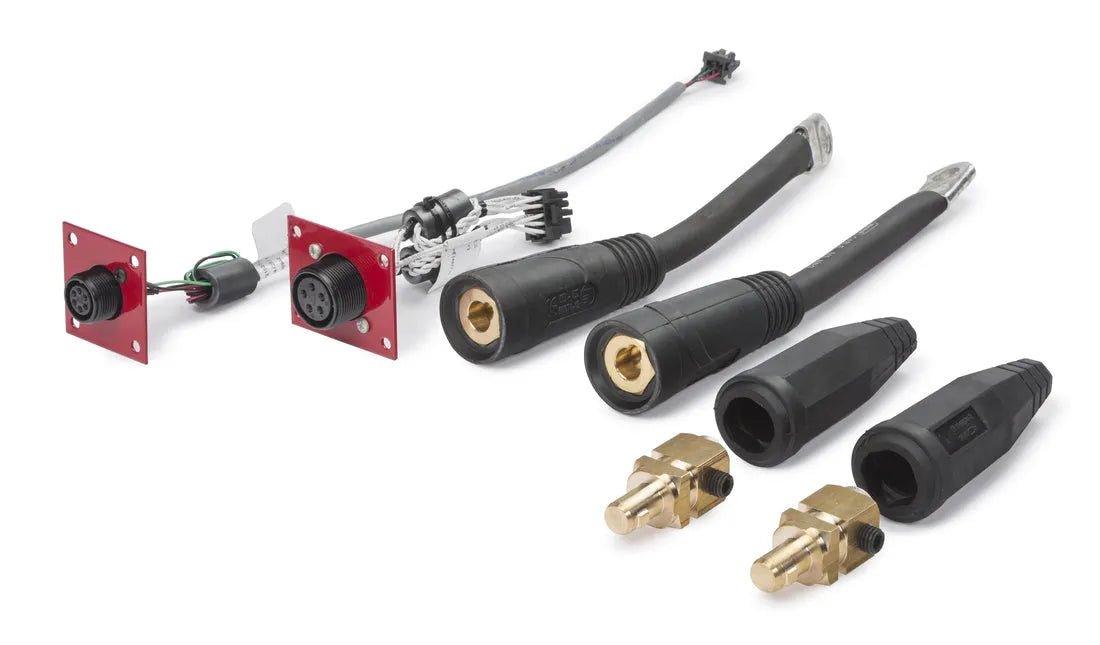 A set of black cables and connectors with red plates plus two gold terminals, compatible with the Lincoln K3980-1 POWER WAVE ADVANCED MODULE CE KIT, are arranged on a white surface.