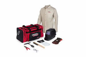 Lincoln Women's Standard Welding Gear Ready Pak K4416-W-L with helmet, gloves, safety glasses, and accessories in a red tool bag.