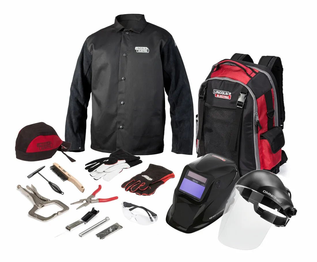 Lincoln Women's Intermediate Welding Kit K4595-W-S: jacket, gloves, helmet, tools, face shield, backpack for educational use.
