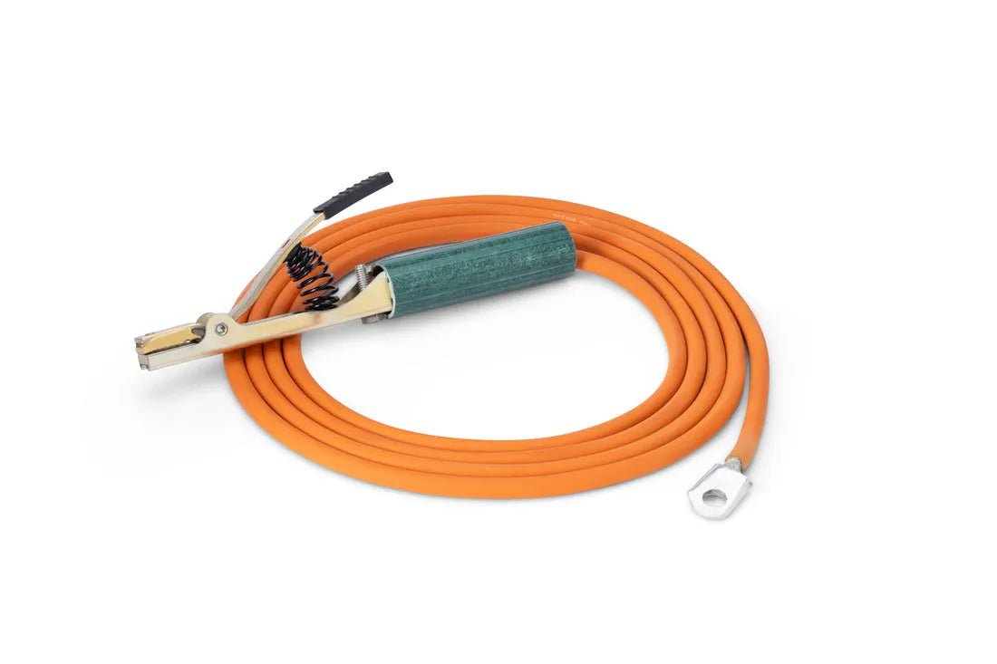 Lincoln K4893-2-12-1/2 welding lead, orange insulated, 12.5ft, clamp and lug ends, coiled for WeldingMart equipment.