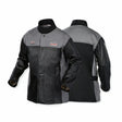 Two Lincoln K4932-5XL XVI Series Grain Leather Jackets are shown, one front and one back. They have snap-button fronts, high collars, reinforced patches, and a sleek black/gray design—available up to 5XL for comfort.