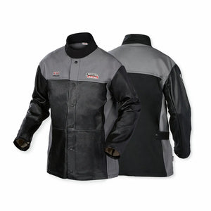 Two Lincoln K4932-5XL XVI Series Grain Leather Jackets are shown, one front and one back. They have snap-button fronts, high collars, reinforced patches, and a sleek black/gray design—available up to 5XL for comfort.