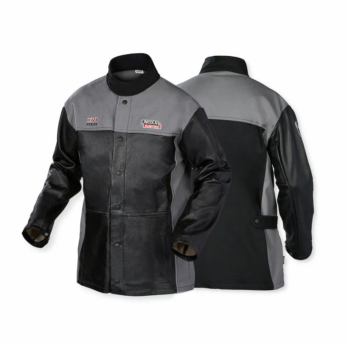 Two Lincoln K4932-L XVI Series black and gray grain leather jackets are displayed—one front, one back—on a white background. Both have button closures, stand collars, Lincoln Electric and XVI logos, long sleeves, and reinforced panels.