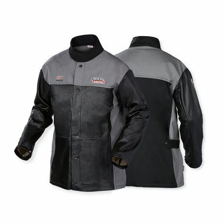 Two Lincoln K4932-M XVI Series Grain Leather Jackets in black and gray are displayed—one front, one back—featuring snap buttons, stand-up collars, reinforced sleeves, and embroidered chest patches.