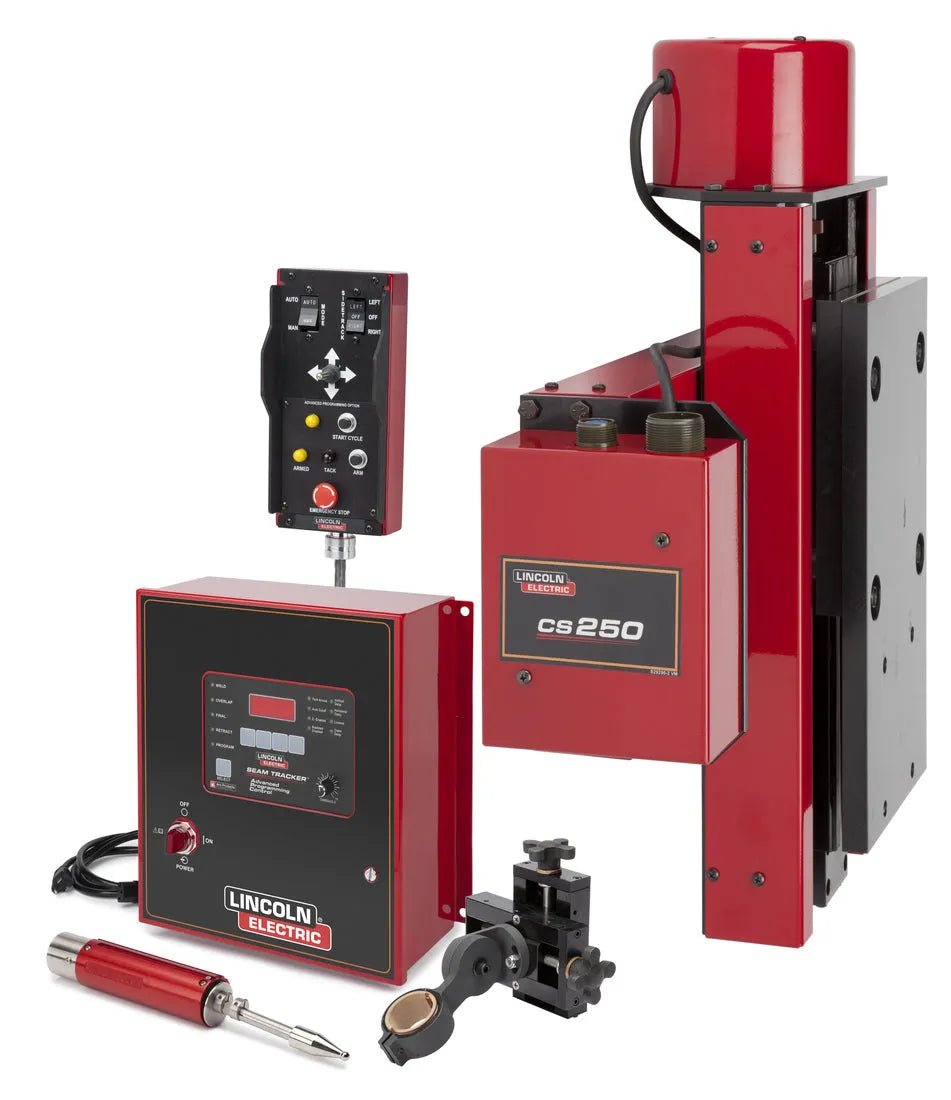 Lincoln K52008-1010-RHM ST250 welding system with CS 250 control, seam tracker, wire feeder, torch, panel, in red/black.