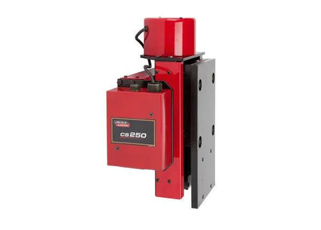 Lincoln K52014-0505-RHM CS250 5x5 RHM Cross Slide Assembly for welding automation, with cables, knobs, and sturdy bracket.