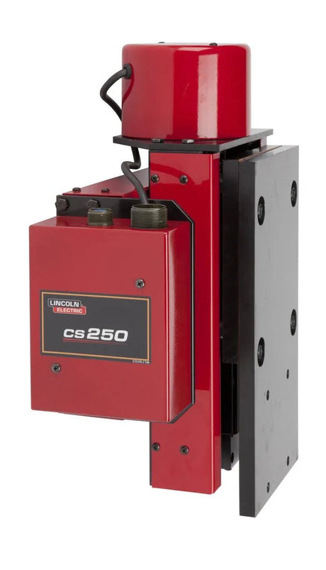 Lincoln K52014-0510-RHM CS250 5x10 red and black cross slide assembly for welding tools, with cables, on white background.