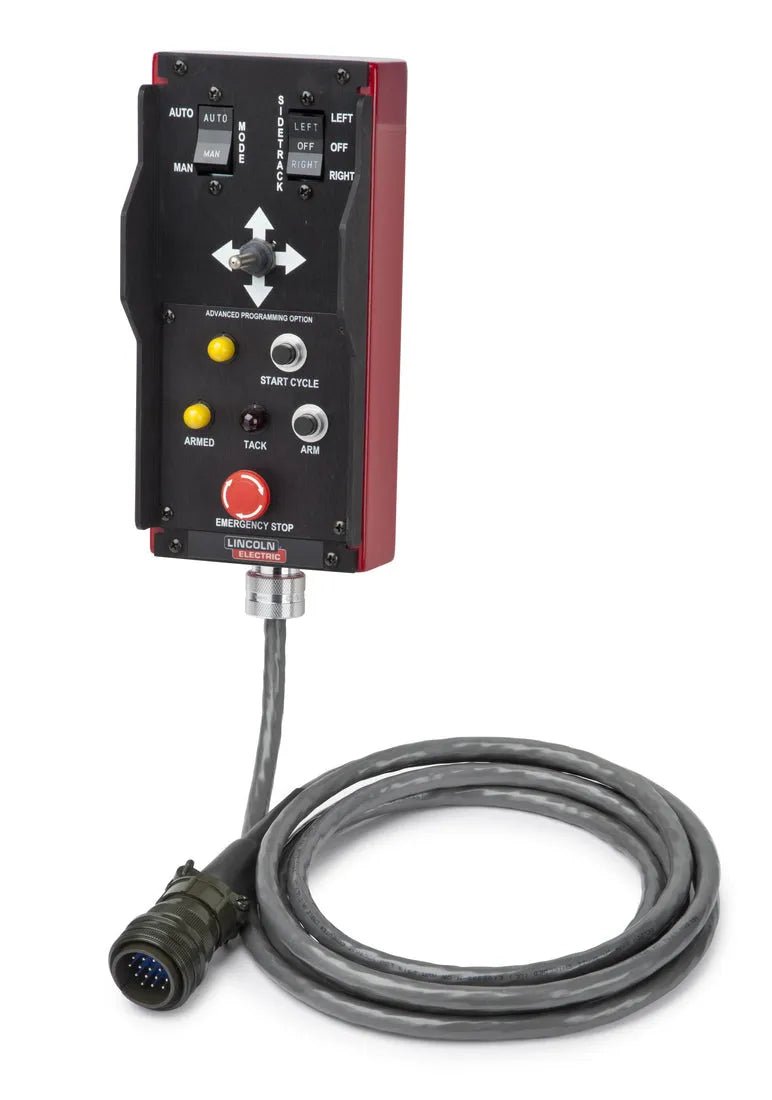 Lincoln K52023-60 Seam Tracker Pendant with APC, 60FT—welding control box with buttons, lights, coiled cable, multi-pin plug.