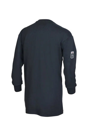 The Lincoln K5267-3XL Arc Rated FR Welding T-Shirt 3XLarge is shown from the back, featuring cuffed long sleeves and a small rectangular patch with text and graphics on the upper left sleeve. The overall black FR design is simple and unadorned.