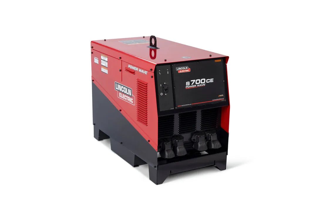 The Lincoln K5372-1 POWER WAVE S700 CE, shown in red and black on a white background, is an advanced robotic welding power source featuring front control panels, vents, and cable connectors.