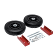 The Lincoln K5418-1 WHEEL KIT for portable welding tables includes two black rubber wheels with metal centers, two red metal brackets, and assorted bolts, nuts, and washers—ideal for easy replacement.
