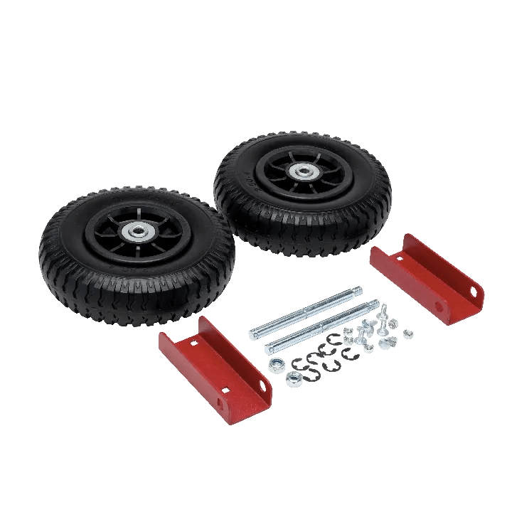 The Lincoln K5418-1 WHEEL KIT for portable welding tables includes two black rubber wheels with metal centers, two red metal brackets, and assorted bolts, nuts, and washers—ideal for easy replacement.