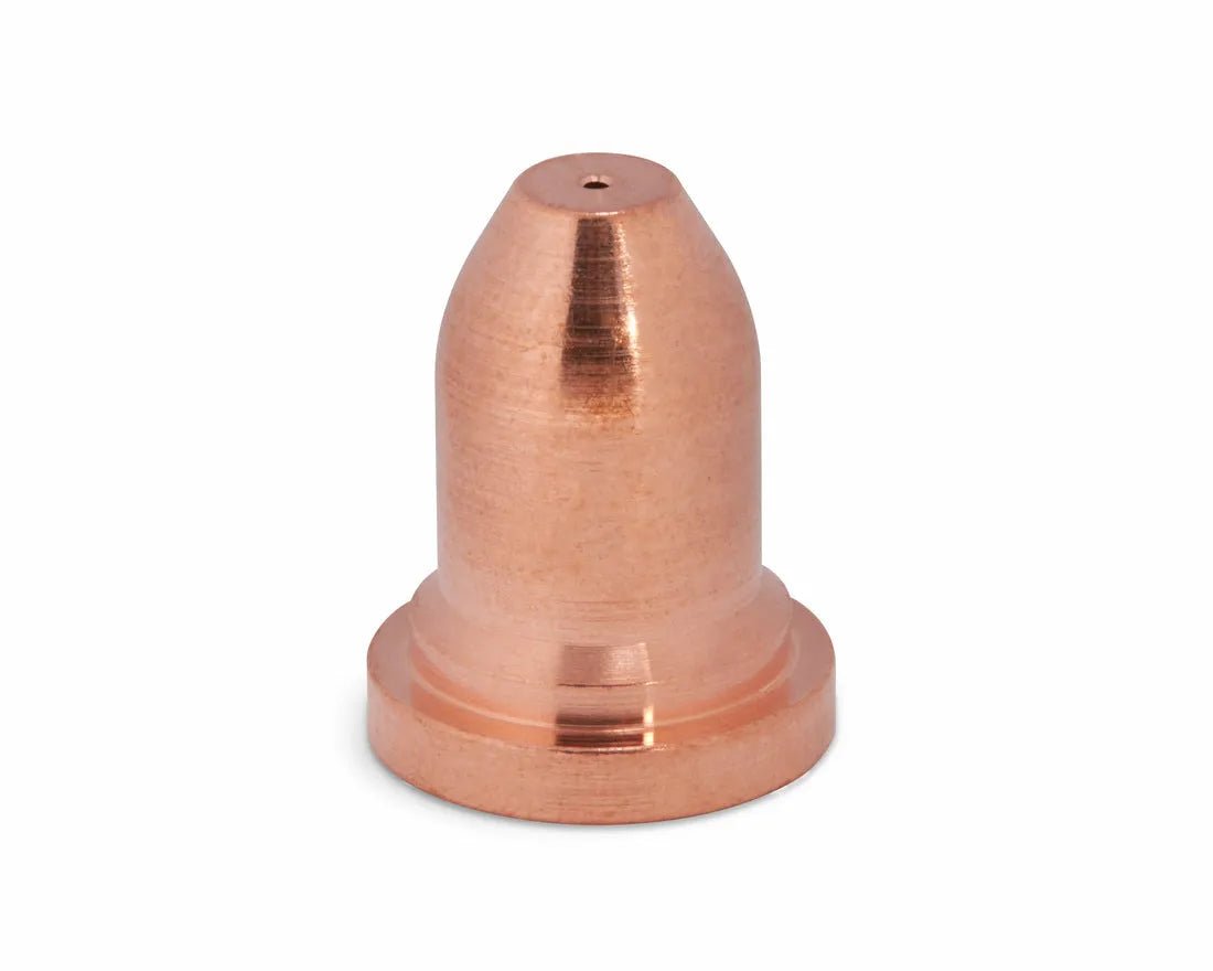 Lincoln KP2842-6 Tomahawk LC30 welding nozzle, 30A, copper, rounded top, small hole, upright on white. WeldingMart accessory.