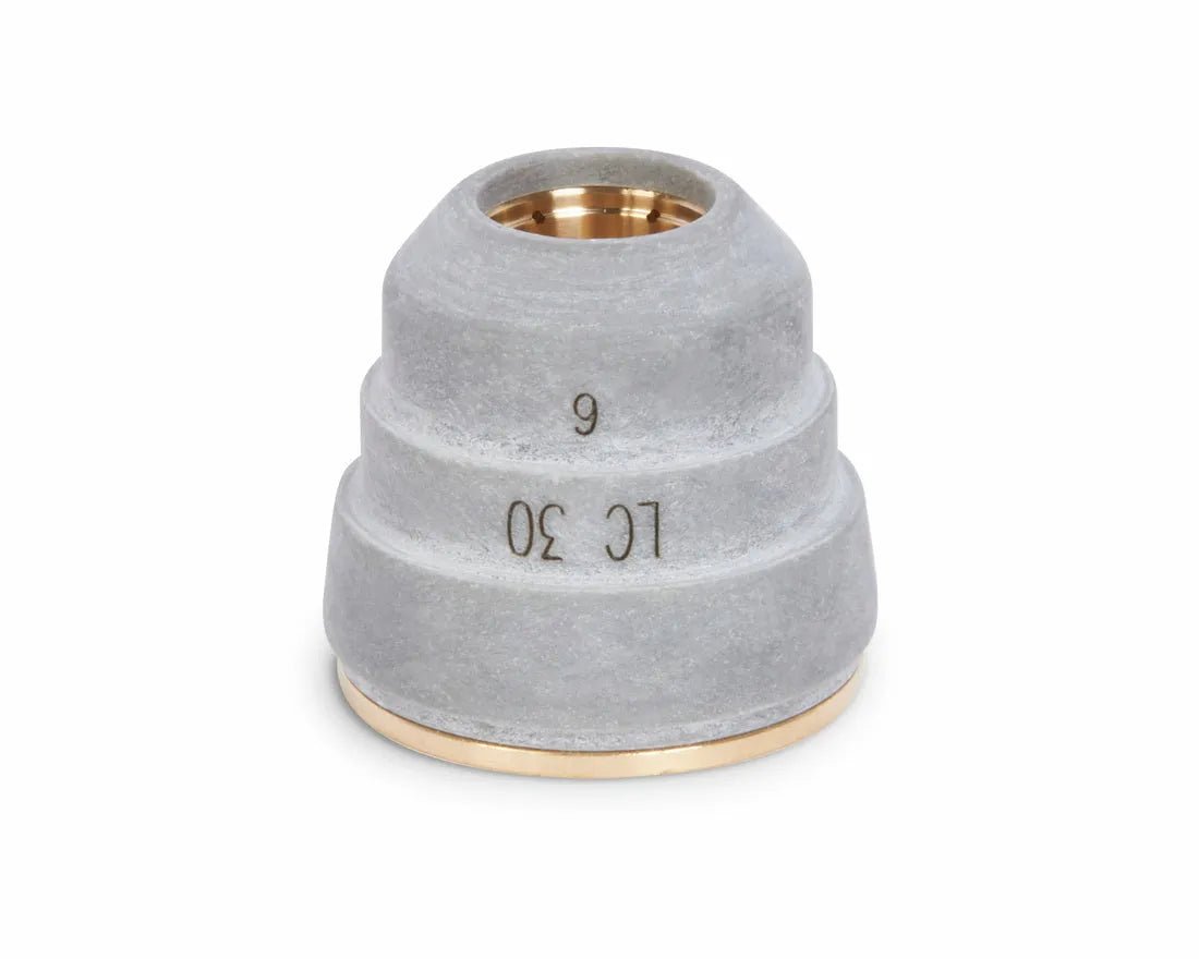 Lincoln KP2842-7 Retaining Cap LC30, external air, gray three-tiered welding accessory with brass base, shown on white background.