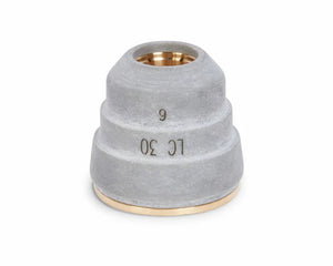 Lincoln KP2842-7 Retaining Cap LC30, external air, gray three-tiered welding accessory with brass base, shown on white background.