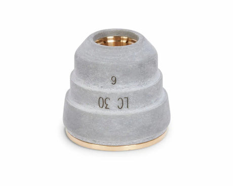 Lincoln KP2842-7 Retaining Cap LC30, external air, gray three-tiered welding accessory with brass base, shown on white background.