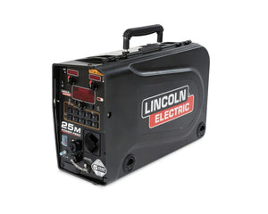 A black Lincoln Electric 25M Power Feed welding machine with control knobs, a digital display, and a handle is shown at an angle on a white background, compatible with the Lincoln KP4388-5 .035 DRIVE ROLL KIT, HYPERFILL, 2 ROLL.