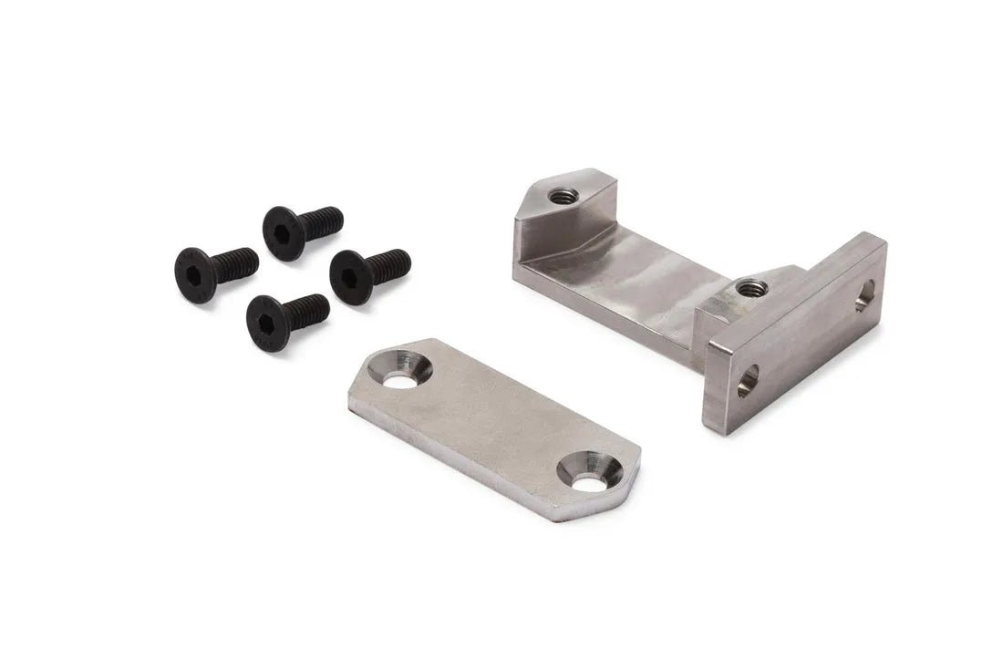 Lincoln KP5429-4 FLUX NOZZLE HOLDER set includes two stainless steel mounting plates with holes and five black screws, displayed on a white background. Ideal as a replacement nozzle holder for your welding setup.