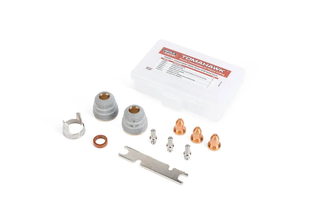 Lincoln KP5595-1 Welding Consumable Kit for LC30 Torch—metal nozzles, electrodes, wrench, clamp, copper ring, and case.