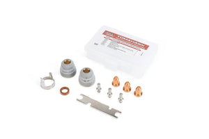 Lincoln KP5595-1 Welding Consumable Kit for LC30 Torch—metal nozzles, electrodes, wrench, clamp, copper ring, and case.