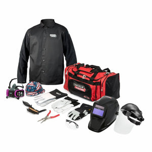 Lincoln Premium Welding Gear Ready-Pak M K3715-M: jacket, duffel bag, welding helmet, gloves, respirator & essential tools.