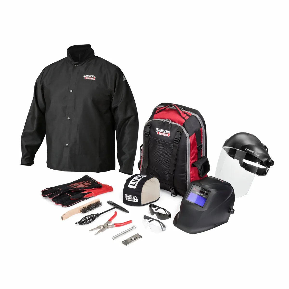 Lincoln Ready-Pak 2XL welding gear kit: black jacket, gloves, helmet, face shield & safety glasses in red-black backpack.