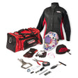 Lincoln Women's Welding Gear Ready-Pak Medium K3238-M, black/red jacket, floral helmet, gloves, tools, Lincoln tool bag.