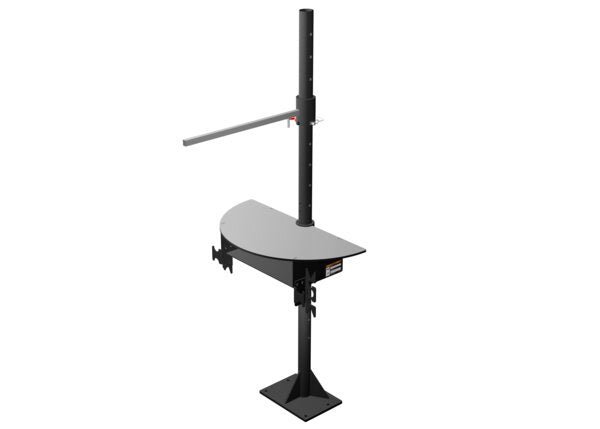 Lincoln K5248-5 adjustable black and gray welding workstation with floor post, sturdy base, bar and half-round table for work extension.