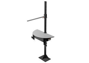 Lincoln K5248-5 adjustable black and gray welding workstation with floor post, sturdy base, bar and half-round table for work extension.
