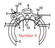 Diagram of a mechanical claw or grapple with numbered parts labeled; the lower claw, supported by a single bearing bracket assembly, is labeled as number 4 with large red text “Number 4” written across the middle section.