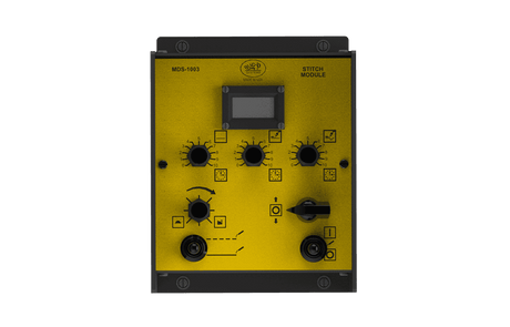 Bug-O STITCH MODULE MDS-1003 welding control panel, yellow/black, 4 knobs, display, direction & speed buttons for precise adjustments.