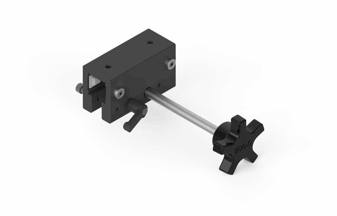 Bug-O 3.5" Rackholder Clamp MDS-1031 for welding, with long shaft and star knob, black metal, on white background.