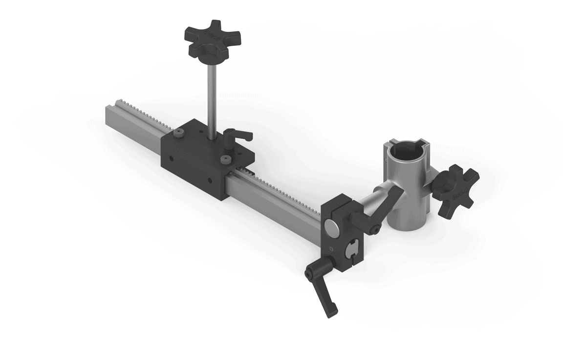 Bug-O MACHINED RACK CUTTING GROUP MDS-1050 metal rail with knobs, levers, clamp; precise welding equipment alignment accessory.