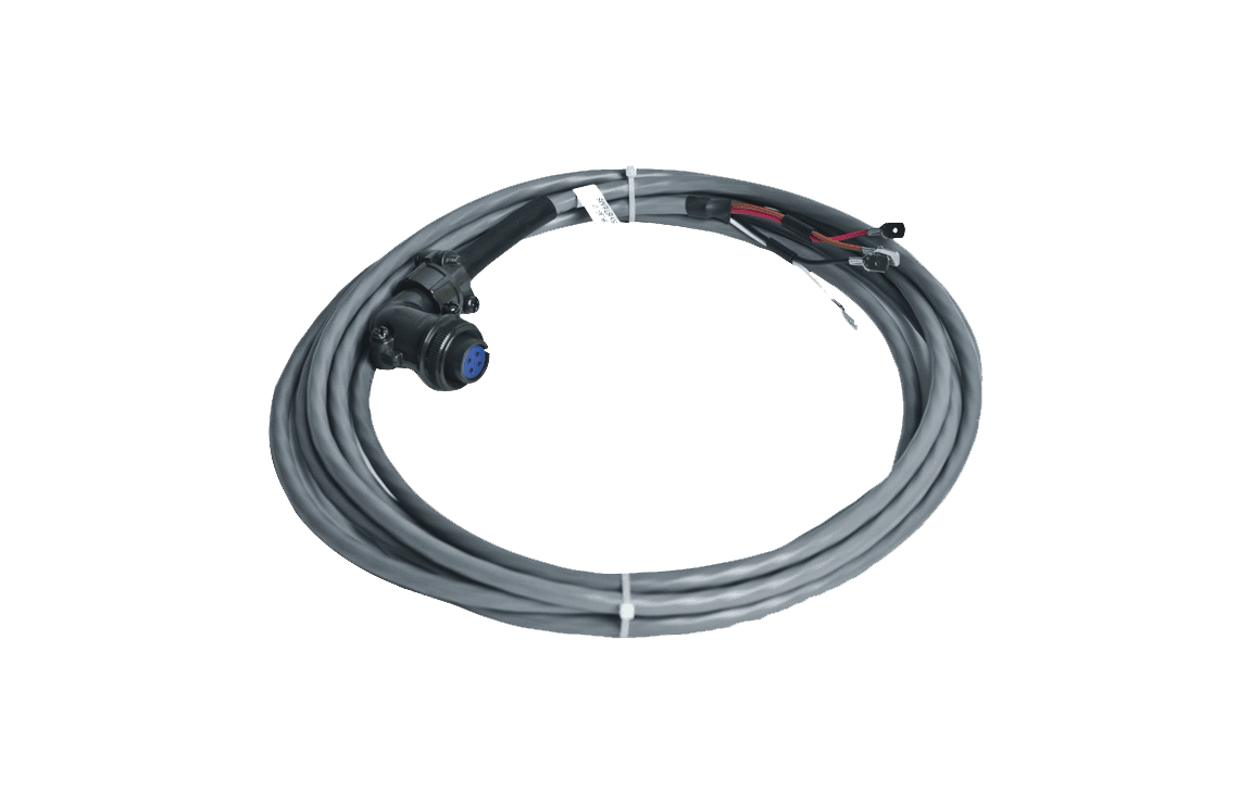 Bug-O WELD CONTACT CABLE 50FT MDS-1085-50 for welding machines, gray cable with black connector, exposed wire ends, coiled.