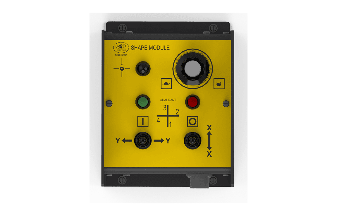 Bug-O SHAPE CTRL MODULE MDS-1165 welding control panel with X-Y axis, buttons, dial, switches, and indicator lights.
