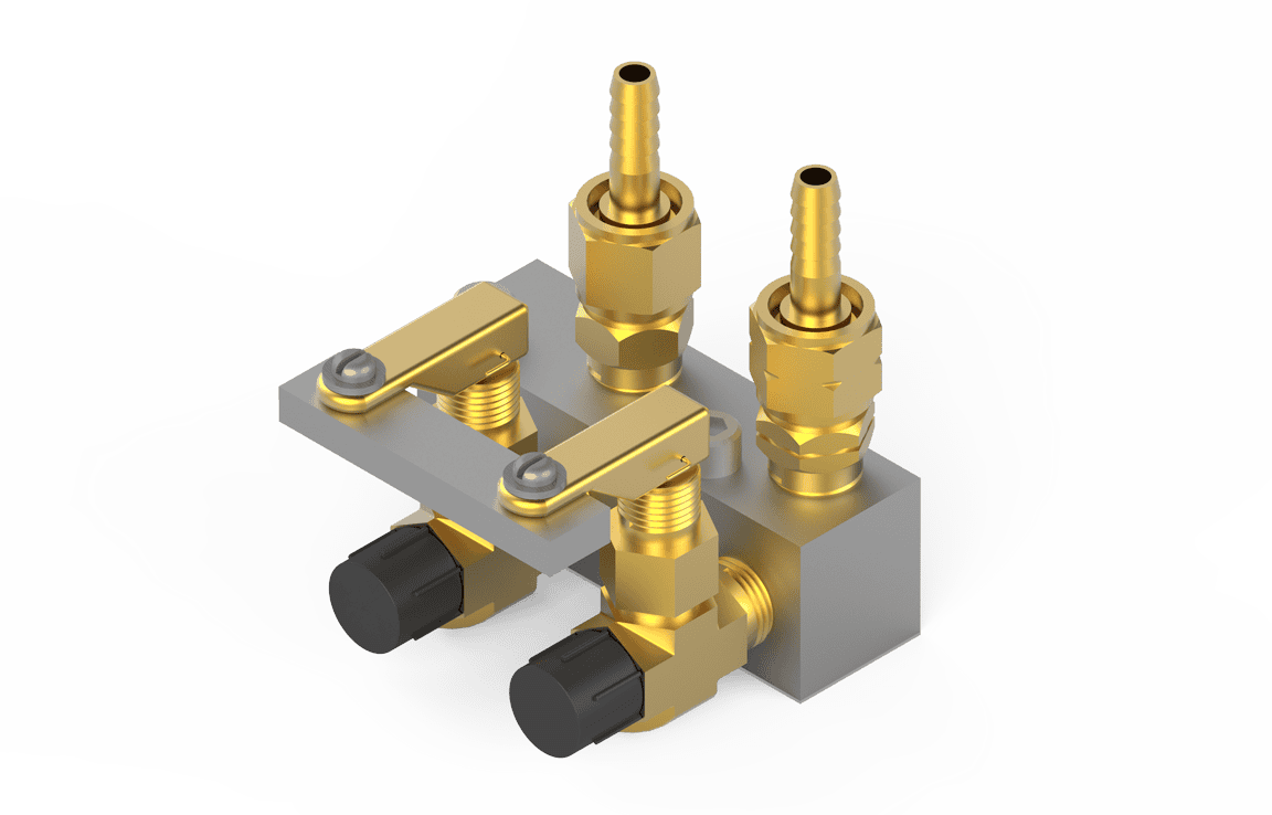 Bug-O 2 Hose QA Manifold MDS-3025 welding accessory with dual brass valves, black knobs, and hose connectors on gray base.