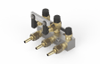 Bug-O 3 Hose Q.A. Manifold MDS-9898 for welding, with 3 brass connectors, black knobs, and silver bracket on white background.
