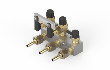 Bug-O 3 Hose Q.A. Manifold MDS-9898 for welding, with 3 brass connectors, black knobs, and silver bracket on white background.