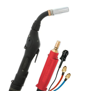 MK Python Push-Pull Gun 50ft 225A, air-cooled, for Lincoln welders; black handle, silver nozzle, color hoses, brass fittings.