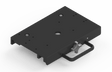 Bug-O RELEASABLE CARRIAGE 12" (MPD-1065) black metal mounting plate for welding tools, with holes, latch, and handle.