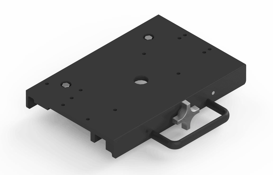 Bug-O RELEASABLE CARRIAGE 12" (MPD-1065) black metal mounting plate for welding tools, with holes, latch, and handle.