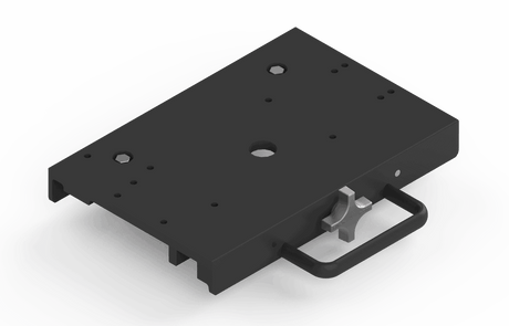 Bug-O RELEASABLE CARRIAGE 12" (MPD-1065) black metal mounting plate for welding tools, with holes, latch, and handle.