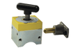 Bug-O MAGSQUARE 165 MSQ-165 welding magnetic switch with black T-handle and yellow base, with brass connector, on white background.