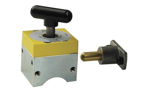 Bug-O MAGSQUARE 165 MSQ-165 welding magnetic switch with black T-handle and yellow base, with brass connector, on white background.
