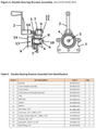 Diagram of a double bearing bracket assembly for industrial machinery, with labeled parts such as crank handle, pinion, gears, bearings, and screws. Below the diagram is a table listing each part number and quantity.