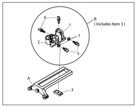 Exploded diagram showing labeled parts (1–7) of a mechanical bracket assembly, with items A and B highlighted. Note indicates that B includes item 3. Features a Torch Clamp for welding operations on a Mathey Dearman Base.